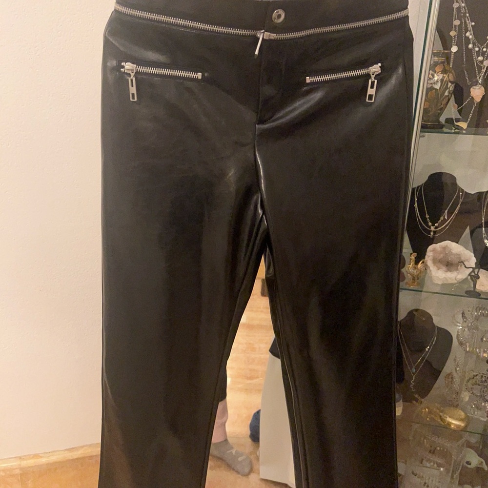 Zara high  quality Black Feux leather Straight Leg Pants with Silver zip Accents